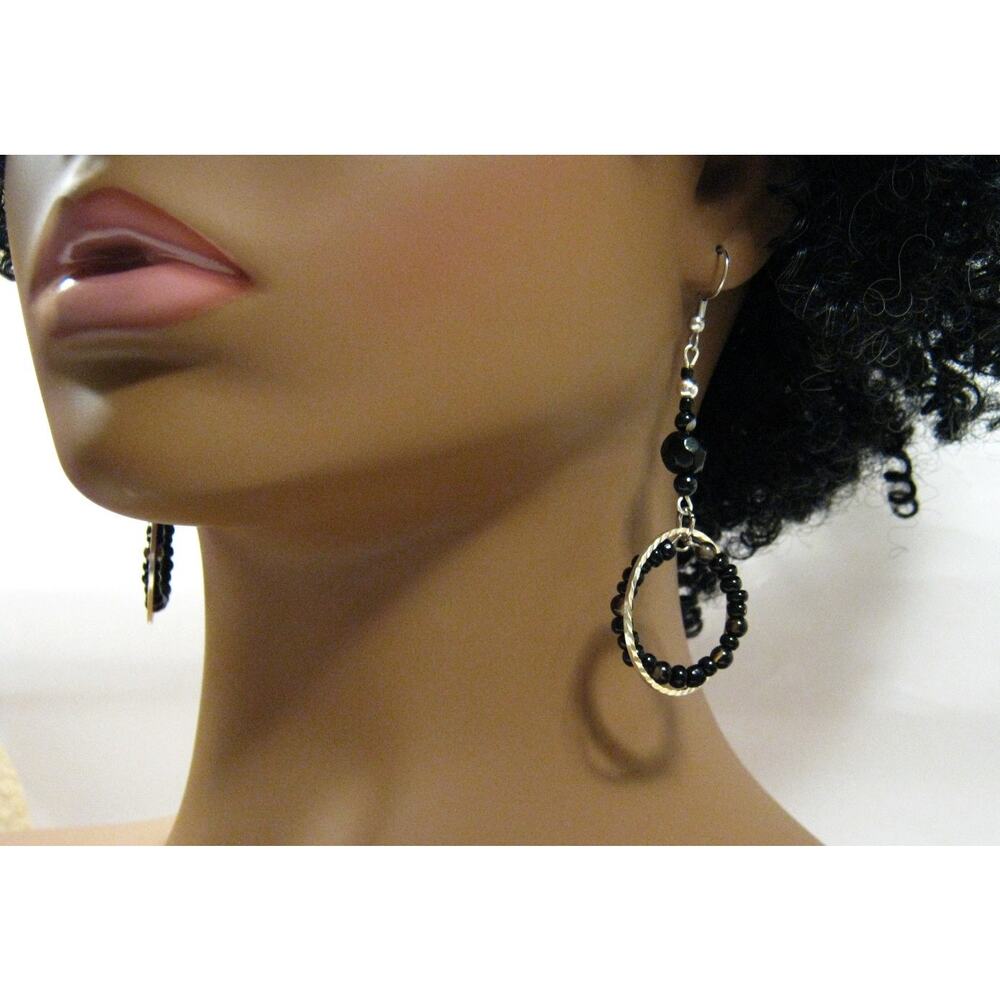 Set of Handcrafted Glass BOHO style Glass Beaded Drop Hoop Earrings 2.5in - Picture 3 of 8